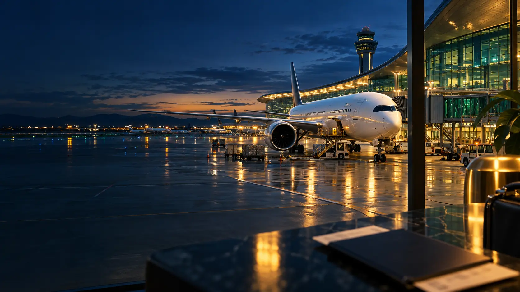 Illustration éditoriale : avion de ligne à la passerelle d'un aéroport à la tombée de la nuit.