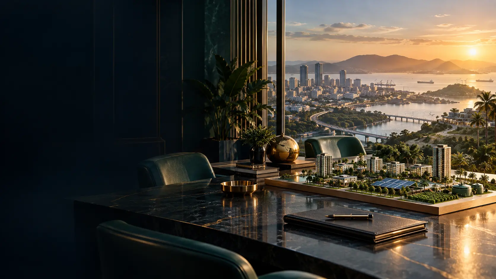 Illustration éditoriale : salle de réunion avec maquette urbaine et vue sur une ville côtière au coucher du soleil.